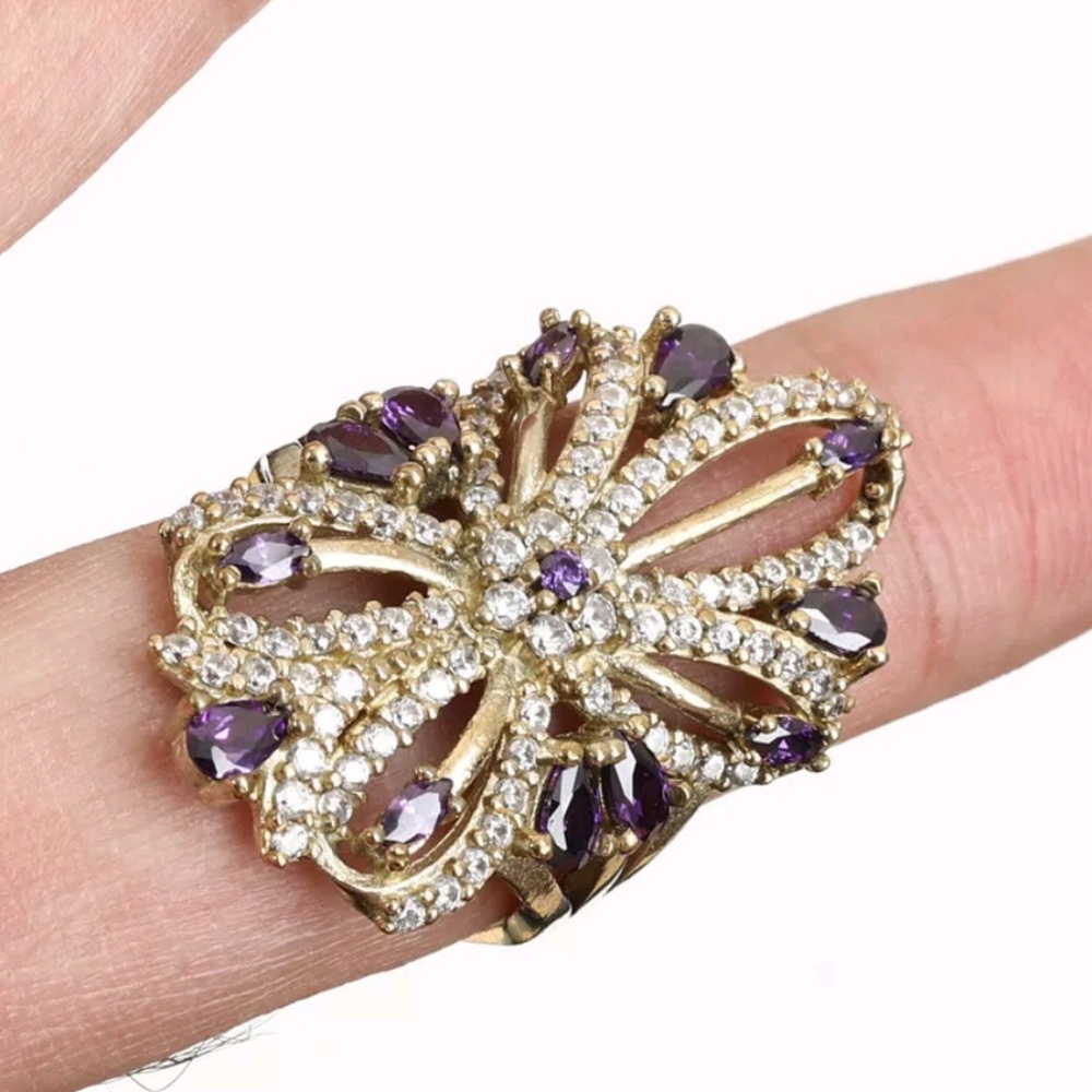 Amethyst & white sapphire Sterling Gold & Bronze large flower ring Sz8